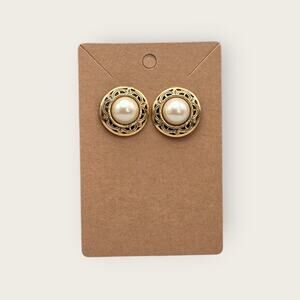 Pearl Button Gold Filigree Stud Earrings – Victorian Revival 1928 Style